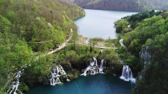 Aerial view of the powerful waterfalls. Water crashes through lush greenery creating a dynamic natural scene.