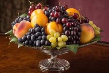Fruit Bowl Centerpiece on Wooden Table with Shadowy Backdrop Food, Decoration