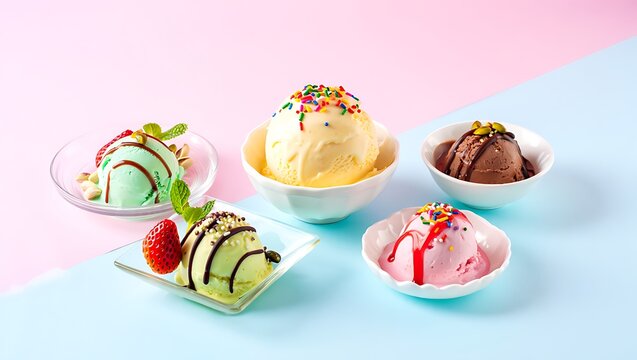 Assortment of gourmet ice cream sundaes with various toppings including chocolate sauce nuts and fresh fruit presented in colorful bowls against a pastel background