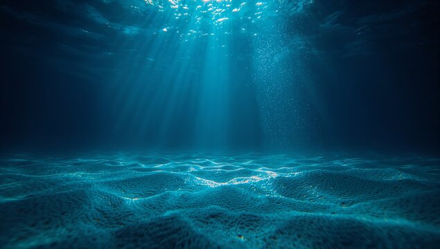 Sunlight beams piercing the deep blue ocean water creating shimmering patterns on the seabed