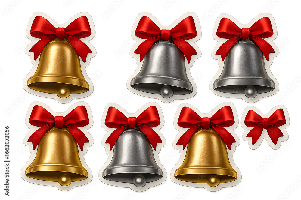 Poster A set of bells with red bows are displayed in a row