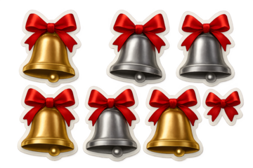 A set of bells with red bows are displayed in a row