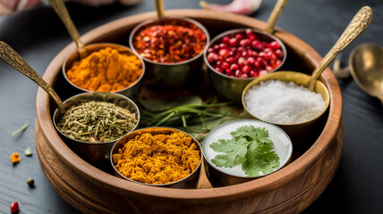 A high-quality food photography shot of an Indian spice display in a rustic wooden bowl.