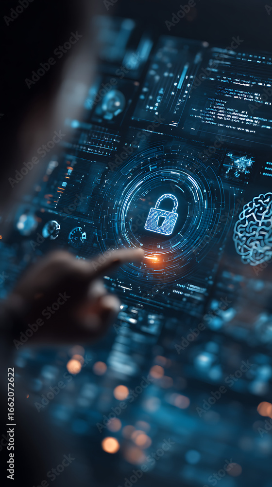 Poster close up of finger touching a digital padlock icon on a blurred futuristic blue interface with bokeh