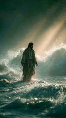 Obraz premium Walking on water at dawn with ethereal light illuminating the waves and a serene figure amidst the crashing surf