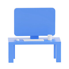 Sleek blue computer setup with modern monitor keyboard and mouse on minimalist desk