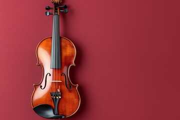 Elegant vertical violin showcased against a deep burgundy background in a striking front view
