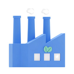 Simple blue factory icon emitting white smoke with green leaf symbol