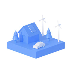 Eco-friendly renewable energy scene with wind turbines and modern house