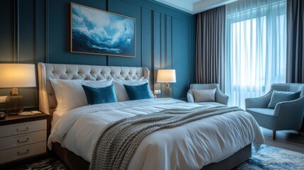 Luxury classic view hotel bedroom with blue walls. 3d rendering.