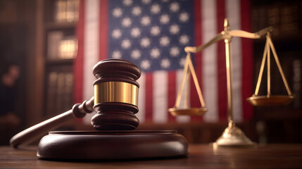 Close-up of a wooden judge's gavel with american flag in background for legal and justice themes