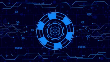 Futuristic technology interface with a brain icon in the center, symbolizing artificial intelligence, machine learning, and advanced digital technology concepts - Powered by Adobe