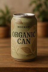 Earthy Organic Can Mockup on Wooden Table with Leaf Design