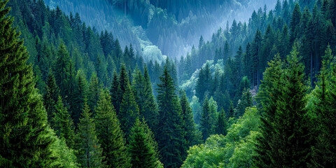 Majestic forest landscape bathed in early morning light revealing vibrant greens and shadowy depths, inviting exploration and tranquility