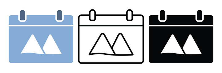 3 Styles Set Calendar with Mountain Icon – Adventure Travel Symbol