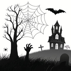 6-piece Halloween horror elements bundle zombie hand rising from ground, spider web, ghost, haunted house, gravestone, bat, all solid black, no text, white background