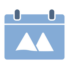 Blue and White Calendar with Mountain Icon – Adventure Vacation and Hiking Travel Symbol