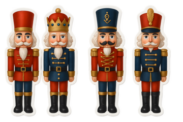 Four men dressed in red and blue uniforms with gold accents