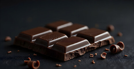 Dark chocolate and chocolate shavings close up on Dark background