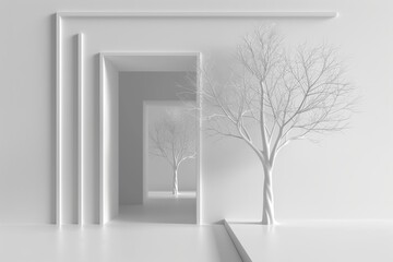 Artistic Monochromatic Concept Image of Minimal Interior with Tree and Clean Aesthetic Design