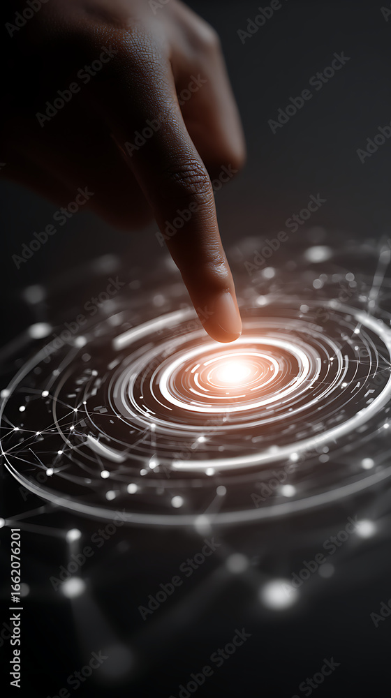 Poster close-up of a finger activating a bright glowing digital interface with concentric light rings and n