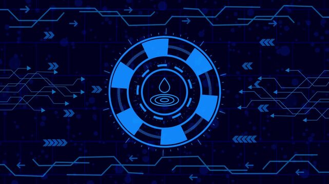 necessary of water ,Futuristic interface with the words save water in the center, surrounded by a blue circle and a dark blue background with arrows and lines, a modern design