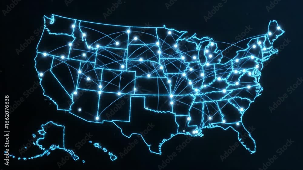 Poster usa network connections map - an animated map of the united states displays glowing nodes and lines,