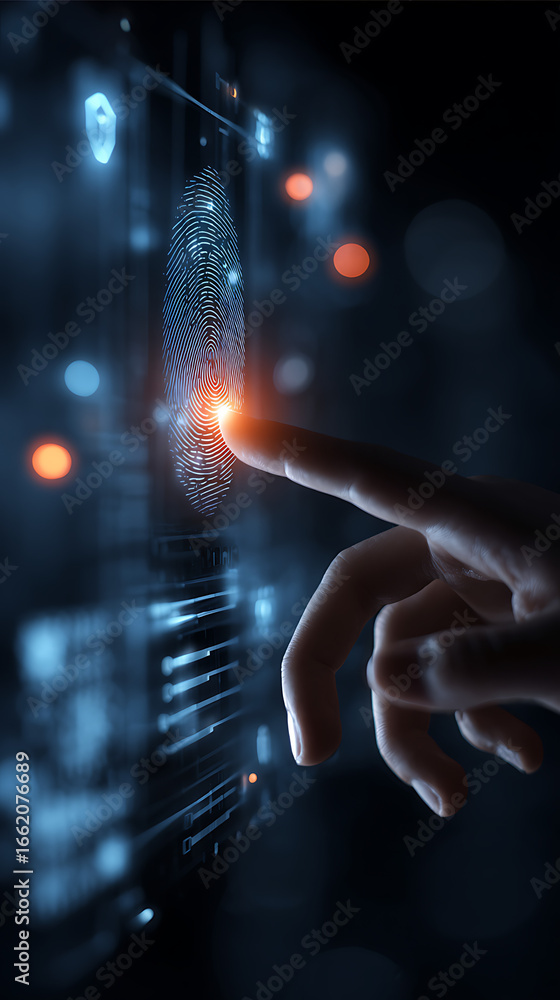Poster Close-up of a finger interacting with a futuristic digital interface displaying a fingerprint scan and data streams