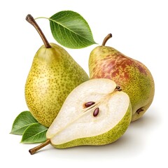 Mountain Wild Pear Rustic and Luminous Orchard Treasure with Golden Green Glow and Smooth Velvety Skin on Pure White Background, Representing Freshness, Natural Sweetness, and Countryside Vitality