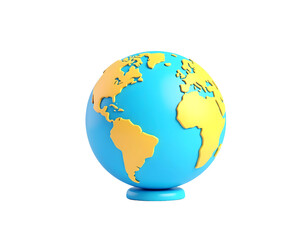 Fototapeta premium A vibrant rendered globe with stylized yellow continents and blue oceans rests on a stand, symbolizing global unity.