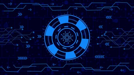 Futuristic technology interface with a central processing unit, showcasing advanced circuitry and data flow on a dark blue background with geometric patterns - Powered by Adobe