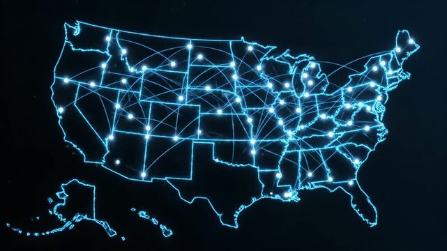 USA Network Connections Map - An animated map of the United States displays glowing nodes and lines, illustrating connections between various locations across the country.