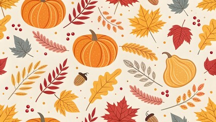 Colorful illustration with autumn pattern with pumpkins, fall leaves, and harvest elements on light background