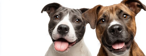 Fototapeta premium Two dogs side by side, one with its tongue out and the other smiling, against a white background with a banner and copy space area Generative AI