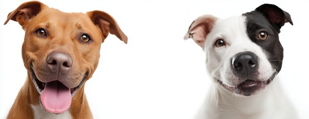 Fototapeta premium Two dogs, one with its tongue out and the other smiling, against a white background banner with a copy space area Generative AI