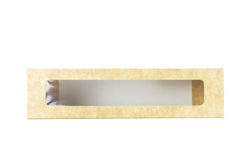 Beige cardboard box, closed with a hot dog window on a white background