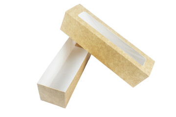 An open cardboard hot dog box on a white background