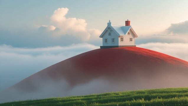  Minimal small white house perched on red hilltop under dreamy soft fog and pastel blue calm sky view 