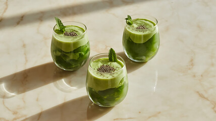 Healthy Green Detox Smoothies with Chia Seeds and Mint on a Sunny Marble Countertop.