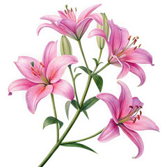 Fototapeta premium Delicate pink lily flowers blooming on a sturdy green stem isolated on transparent background