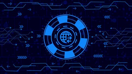 Futuristic technology background with a glowing globe icon, representing global connectivity, data transfer, and international communication in a digital world - Powered by Adobe