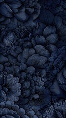 Fototapeta premium A dense, monochromatic floral pattern in deep indigo hues, featuring stylized blossoms with textured, brush-stroke-like petals creating a rich, layered effect