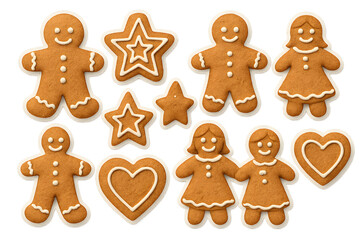 A set of gingerbread men and women with hearts and stars