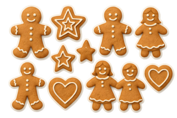 A set of gingerbread men and women with hearts and stars