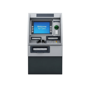 Modern atm machine with bright blue screen and card slot ready for transactions transparent background