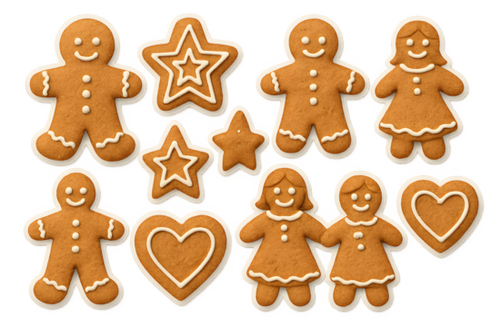 A set of gingerbread men and women with hearts and stars