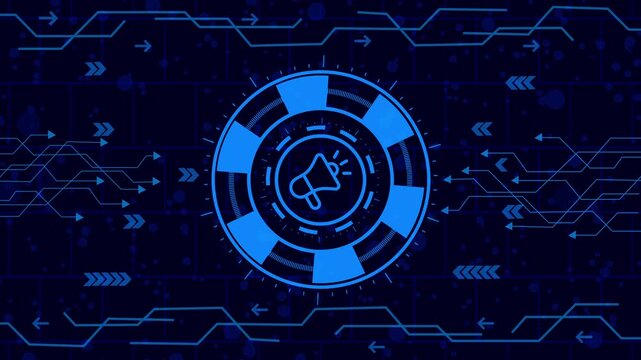 Advertisement concept,A futuristic blue interface featuring a megaphone icon in the center, surrounded by digital elements and circuit patterns, representing marketing and communication