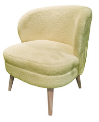 Fauteuil scandinave en moumoute jaune doux minimaliste isolé sur fond transparent vu de coté pour...
