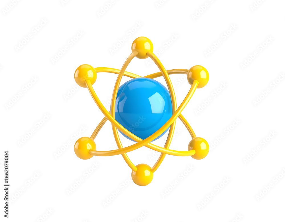 Fototapete a vibrant rendering of an atomic structure featuring a blue core and yellow orbiting particles.
