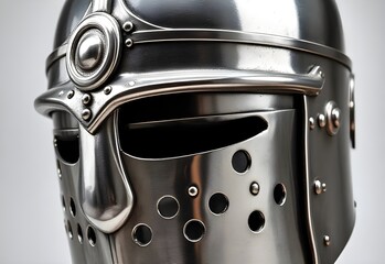 Close-up of a silver motorcycle helmet, a sleek piece of black and metal equipment, isolated on a white background